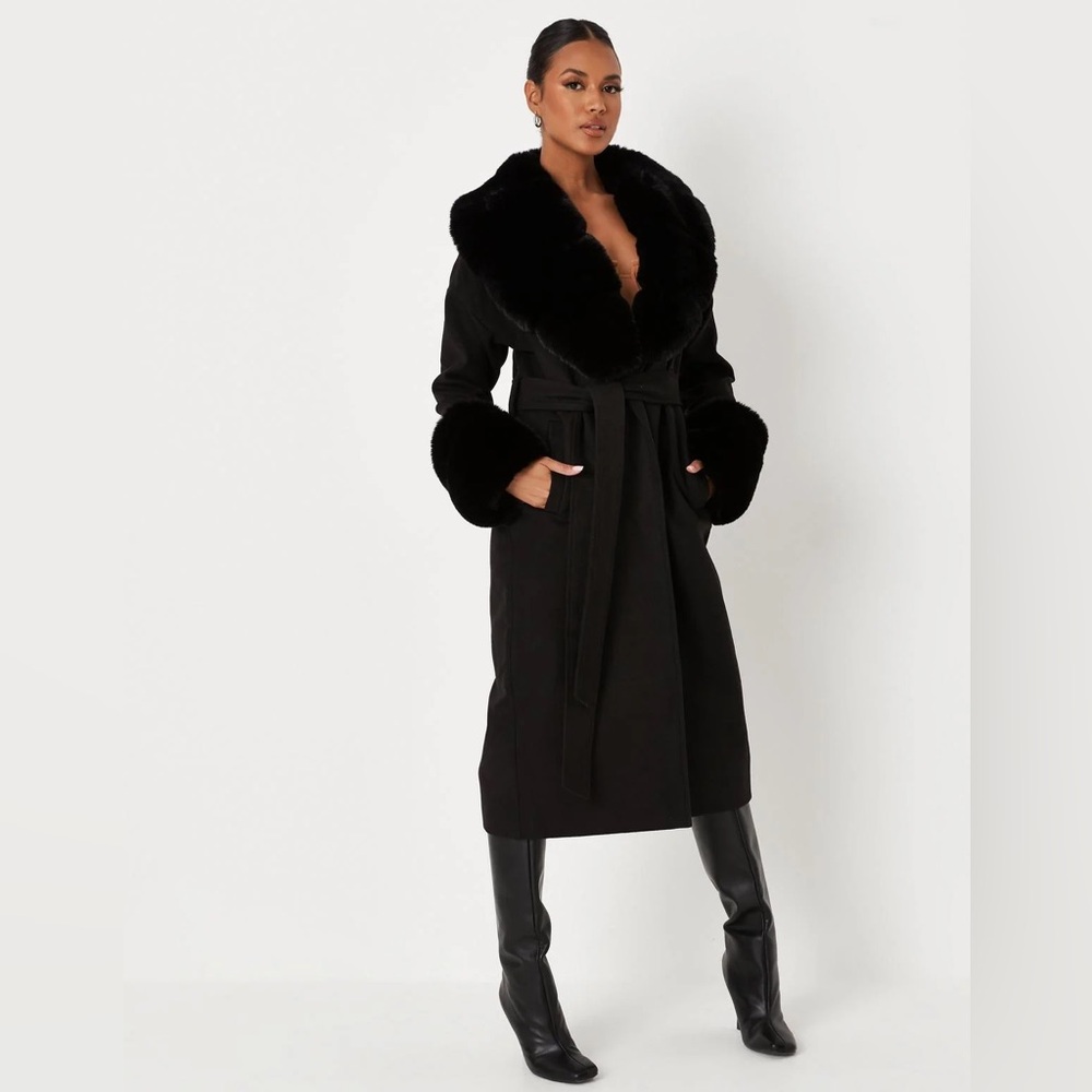 Missguided Black Faux Fur Collar Trench Coat